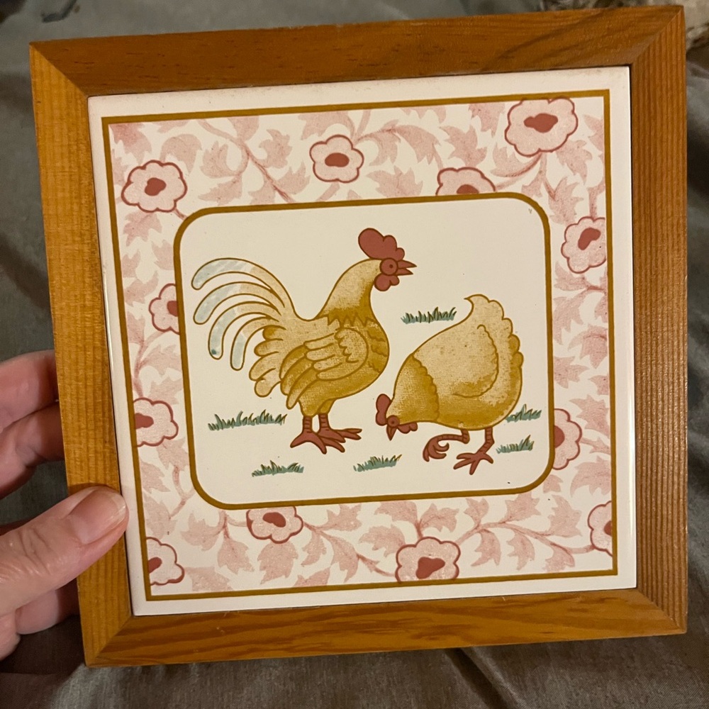 Rustic Chicken Rooster Wall Art and Trivit with Wooden Frame